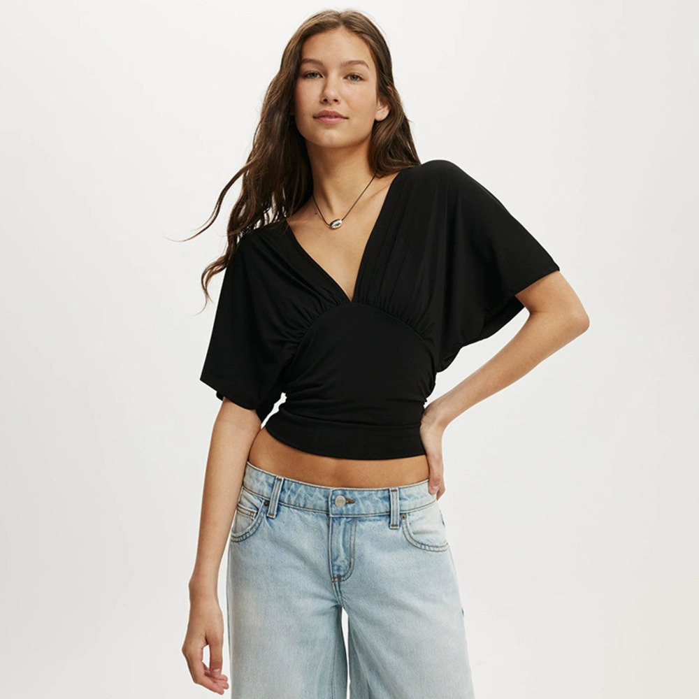 Zara Spring Summer Crew Neck Batwing Sleeve Cinched Waist Pullover Top